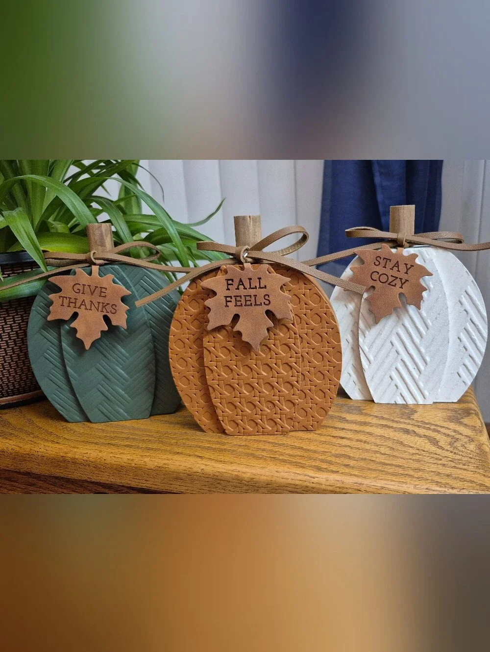 Fall Pumpkin Trio Wooden Home Decor - Green, Orange & White. NEW WITH TAGS!! - Picture 7 of 7